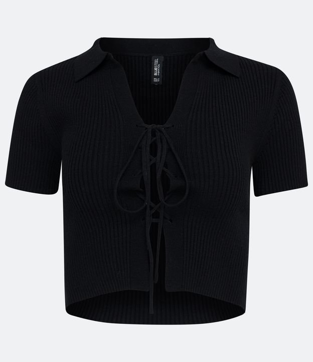 Blusa Cropped en Viscosa con Cuello Polo y Lazo Frontal Negro 5