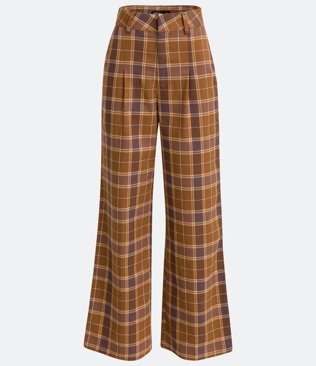 Pantalón Pantalona Sastrería con Pliegues y Estampado de Cuadros Marrón 5