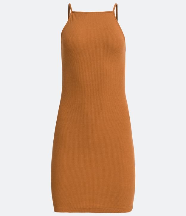 Vestido Corto en Algodón con Escote Cuadrado y Tirantes Finos Marrón 5