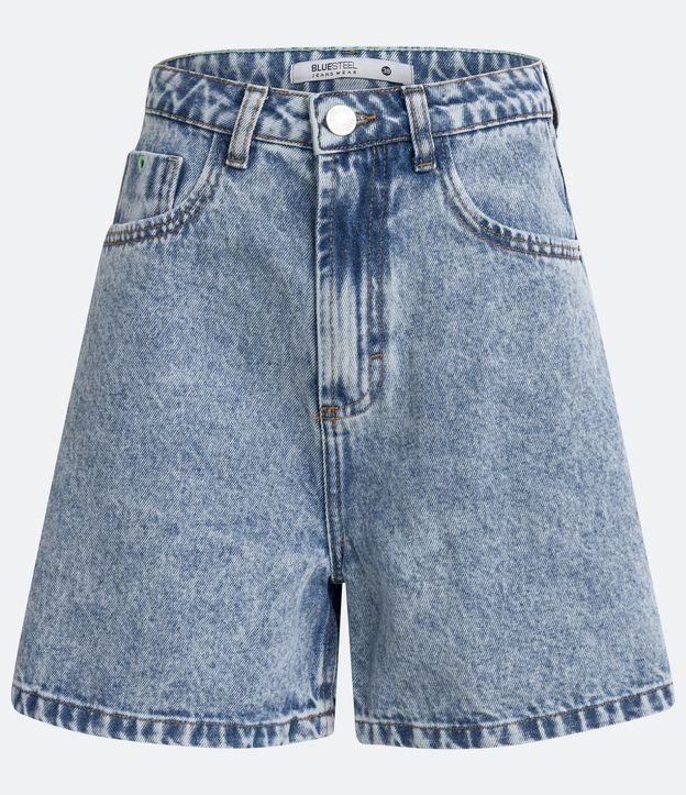 Short Mom Em Jeans Estonado Bolsos Azul Claro Estonado