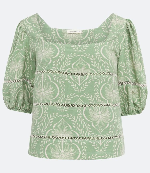 Blusa en Viscolino con Manga Abullonada y Estampado Follaje Verde 6