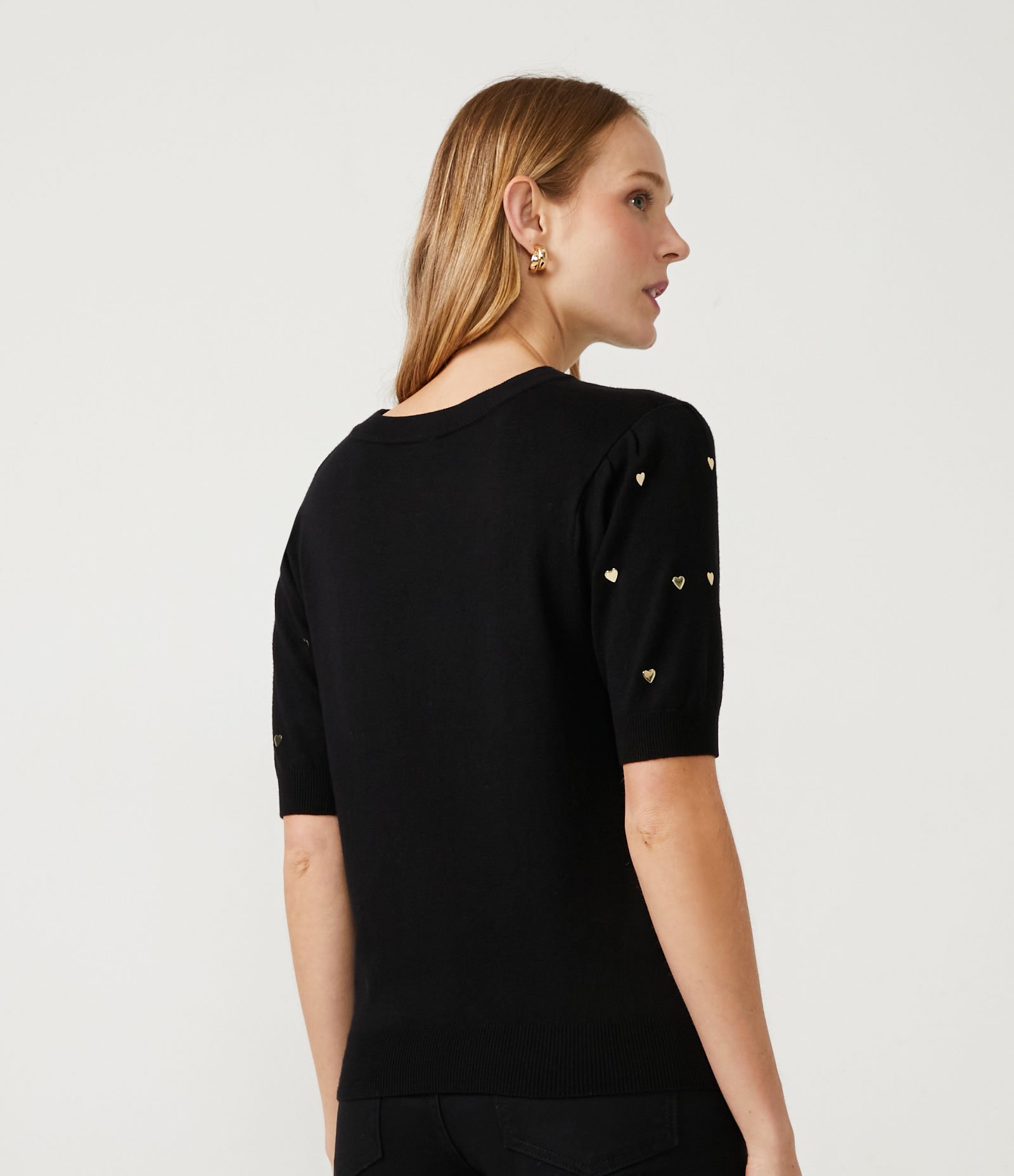 Blusa em Tricô com Corações Aplicados Preto 3