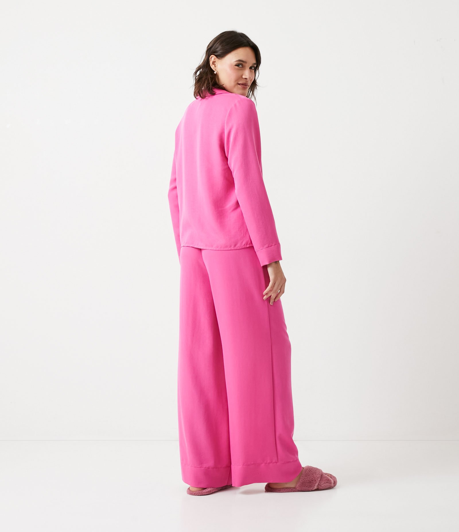 Pijama Americano Longo em Viscose sem Estampa Rosa 2