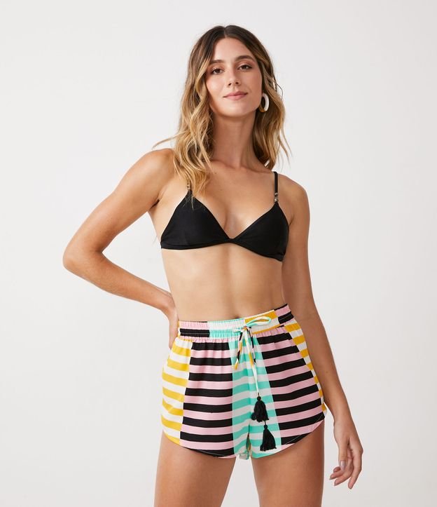 Salída de Playa Short con Estampado Rayado y Cordón con Borla Multicolores 1