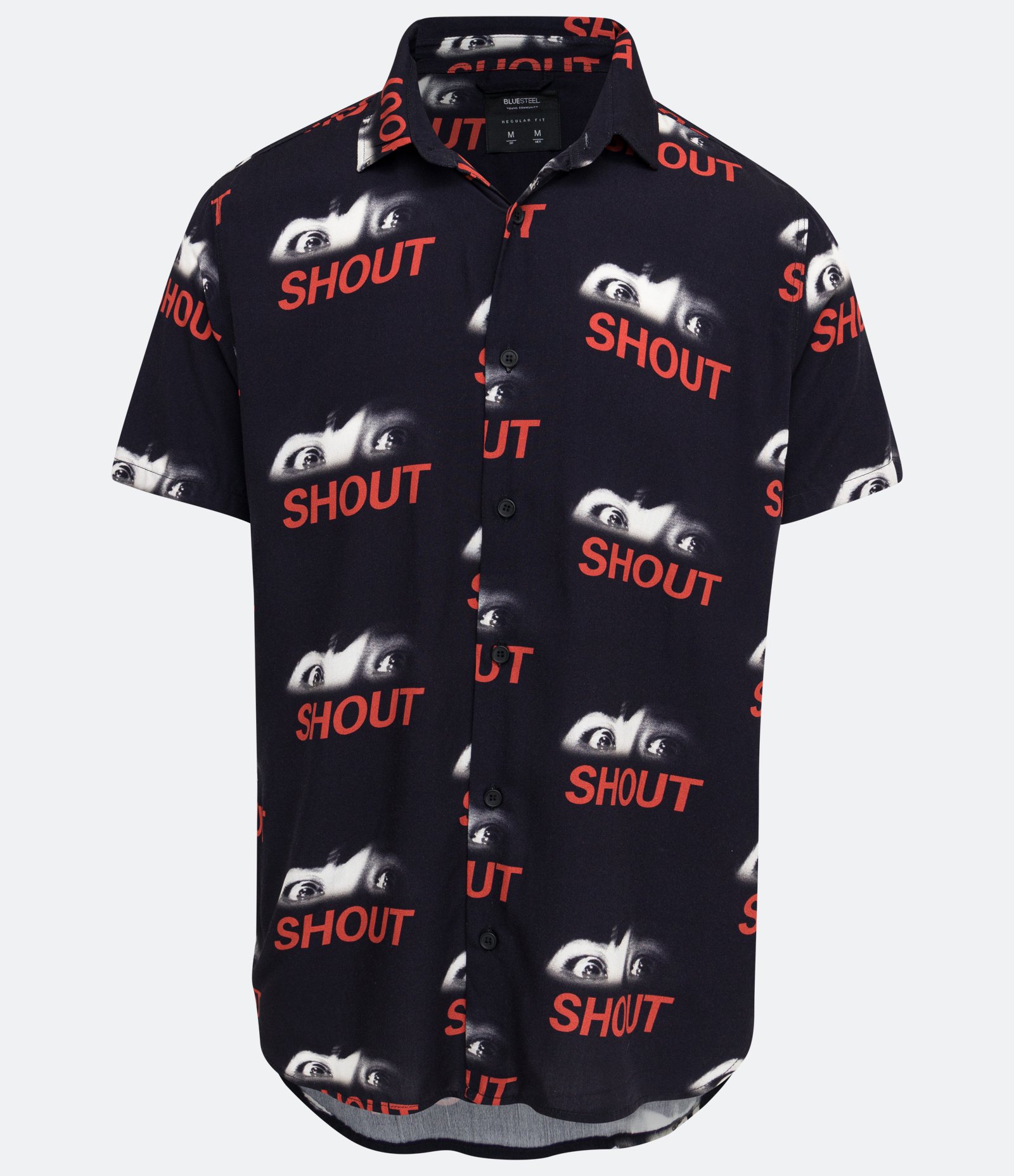 Camisa Manga Curta em Viscose com Estampa de Olhos Shout Preto 1
