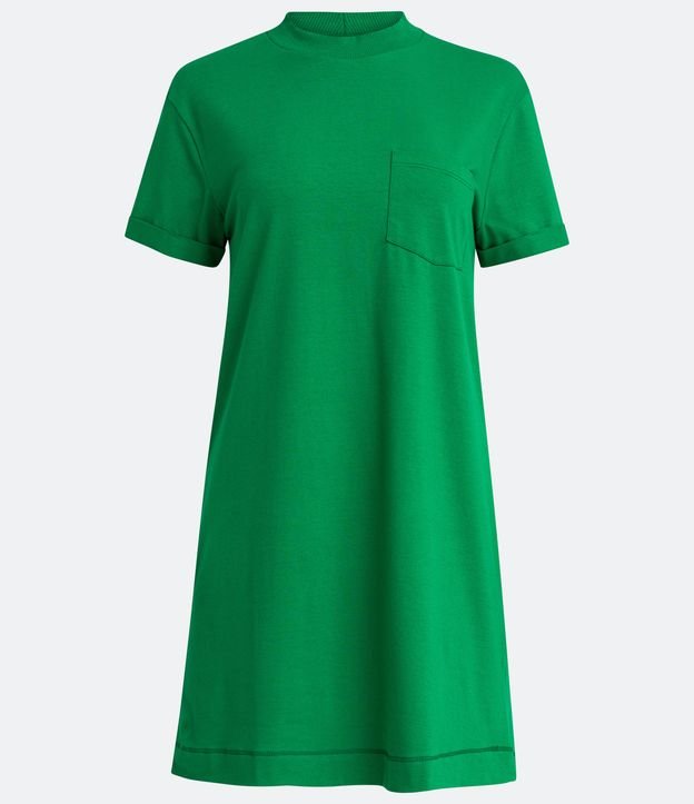 Vestido Corto Básico en Algodón con Pequeño Bolsillo Frontal Verde 5