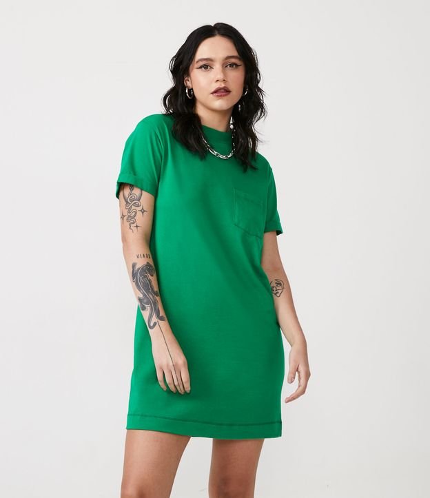 Vestido Corto Básico en Algodón con Pequeño Bolsillo Frontal Verde 1