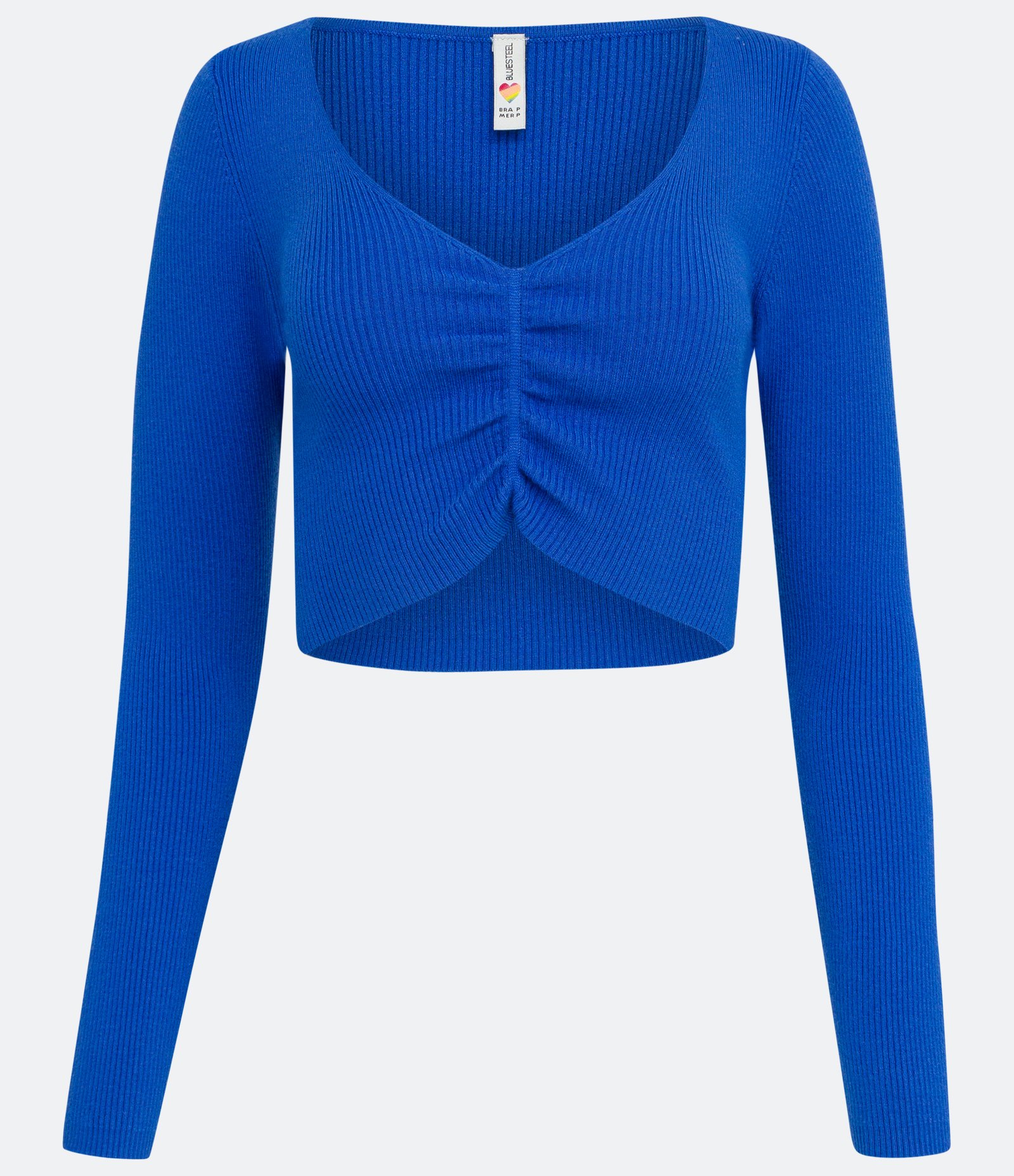 Blusa Cropped em Tricô Canelado com Manga Longa e Franzido Azul 5
