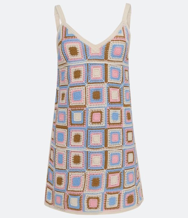 Vestido Corto de Punto Ganchillo y Cuadros Contrastantes Multicolores 6