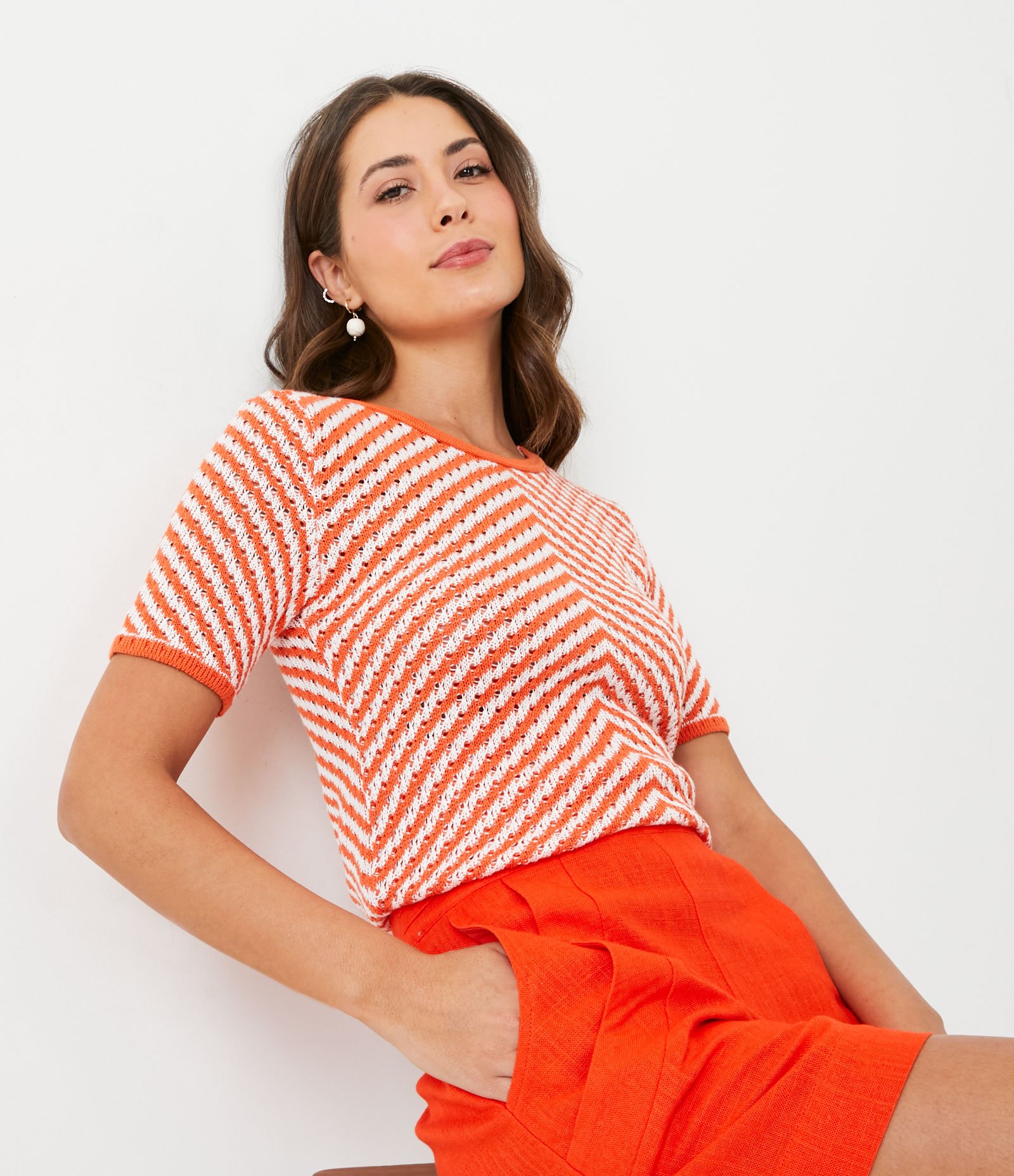 Blusa em Tricô com Listras Diagonais Laranja 4
