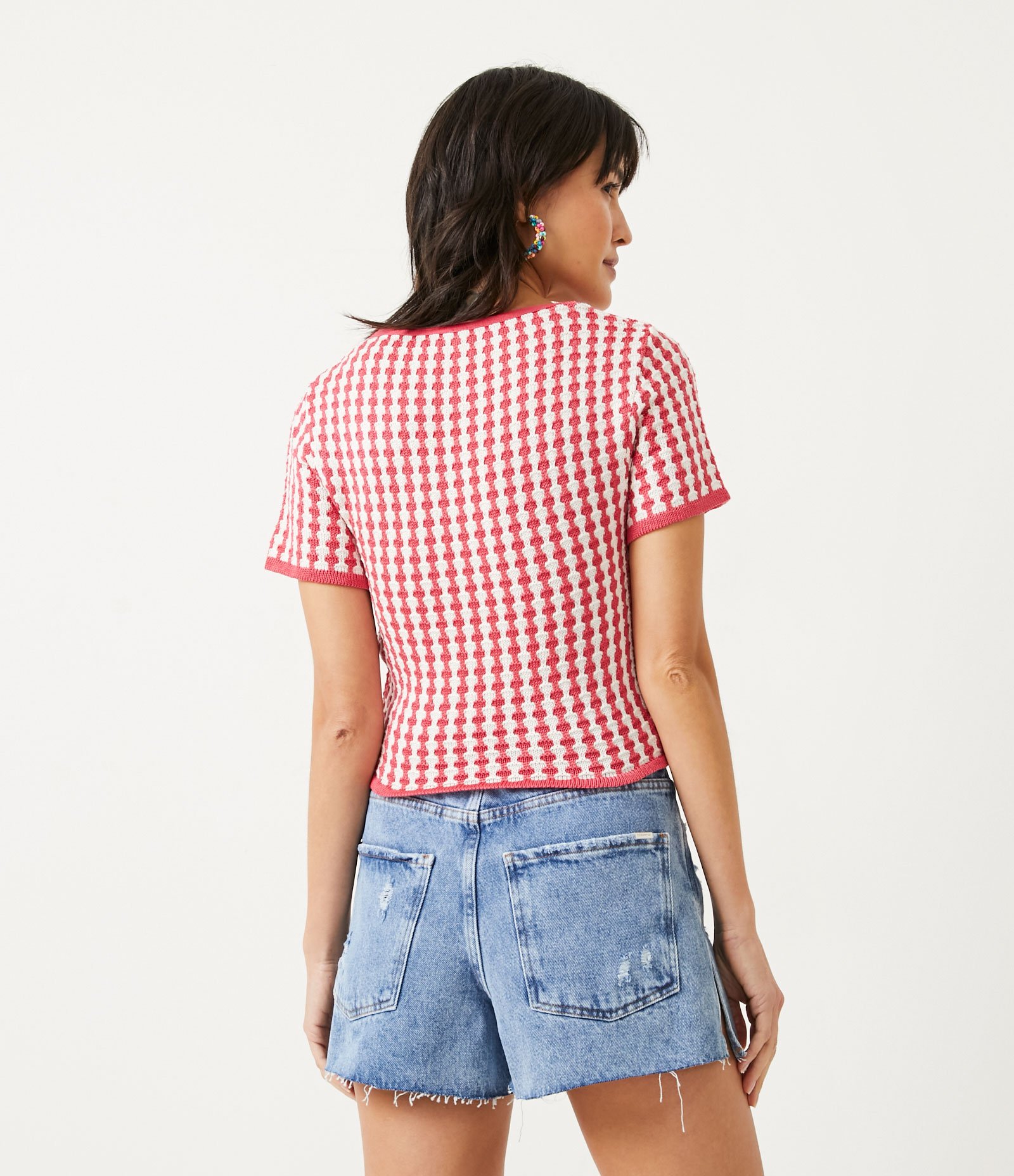 Blusa Cropped em Lã Acrílica com Mangas Curta e Listras Diferenciadas Vermelho 3