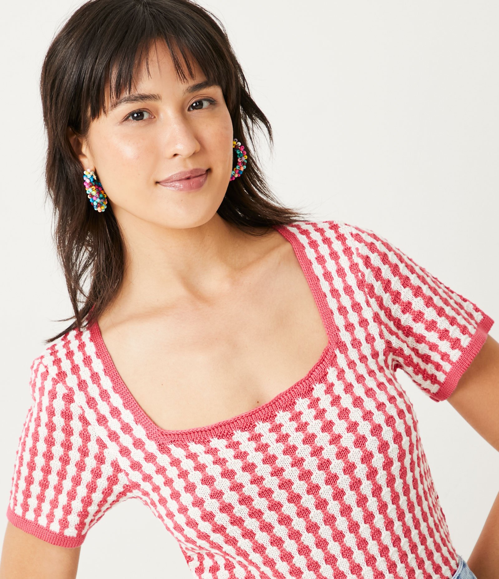 Blusa Cropped em Lã Acrílica com Mangas Curta e Listras Diferenciadas Vermelho 4