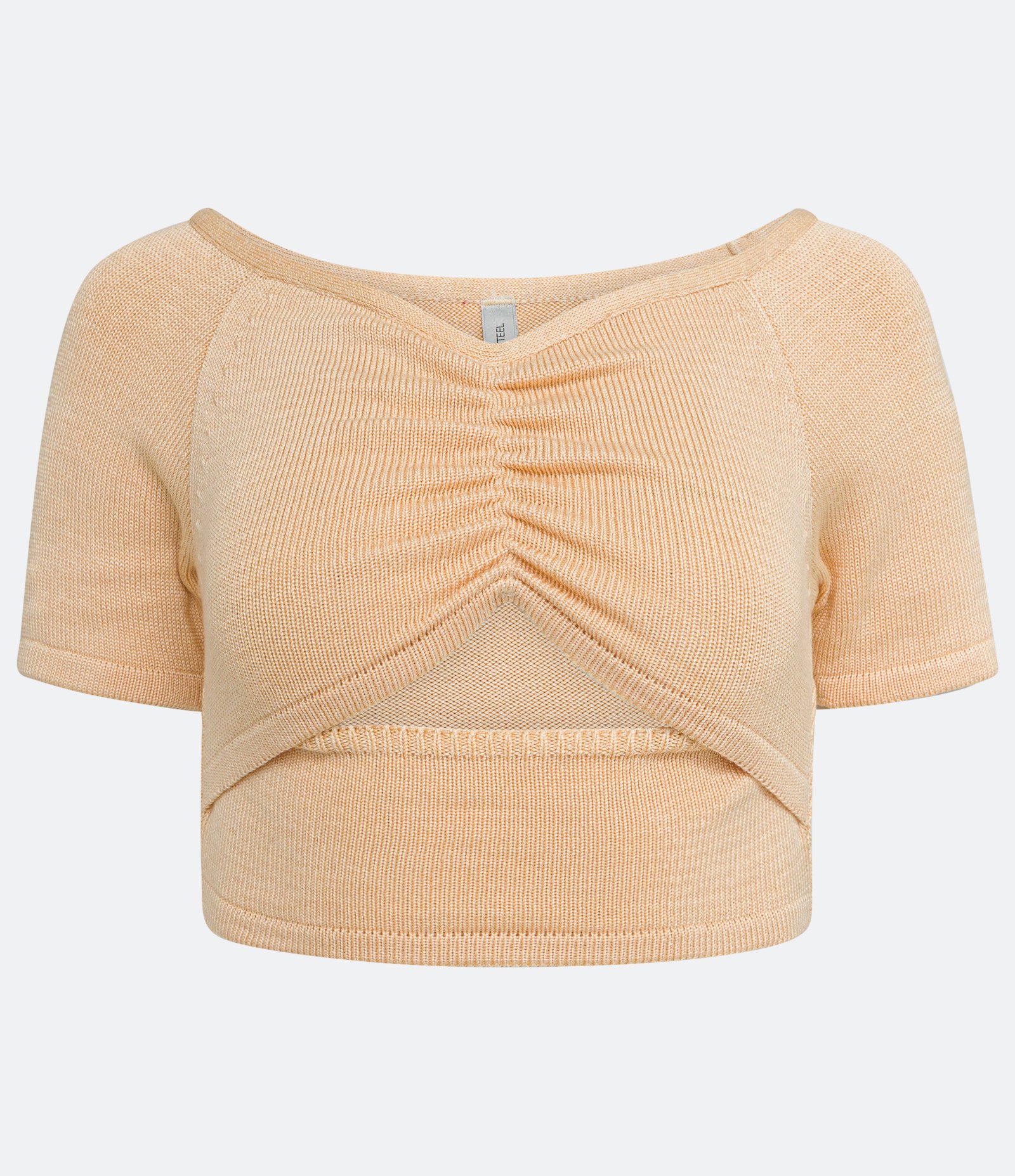 Blusa Cropped em Viscose com Manga Curta e Vazado Bege 5