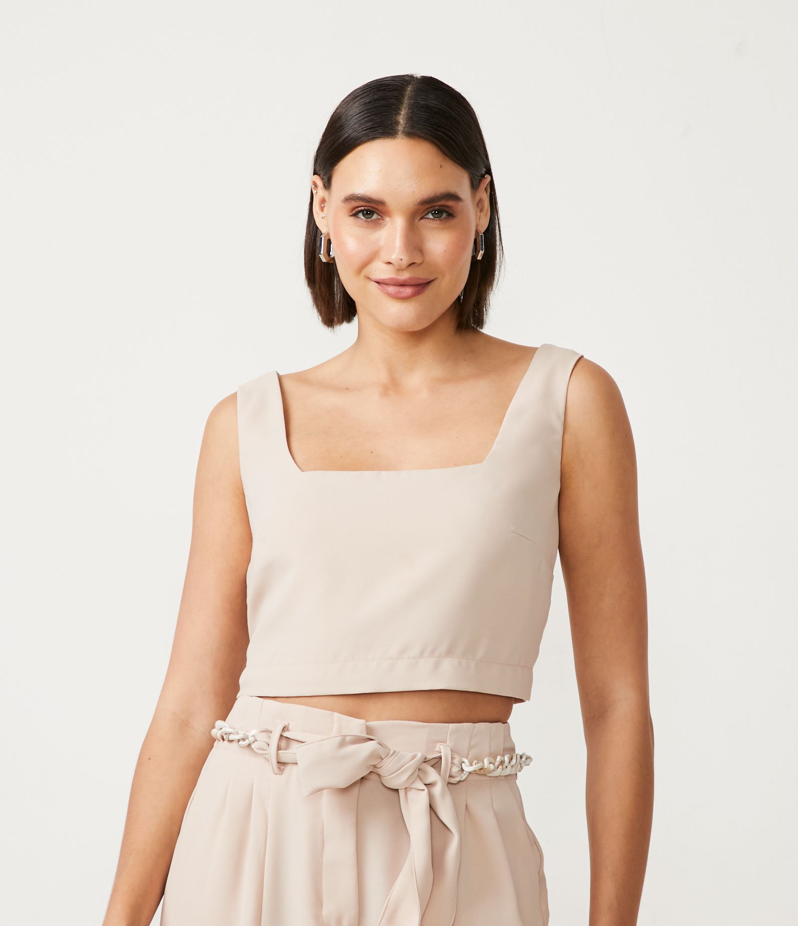 Blusa Cropped sem Manga com Decote Quadrados Bege 1