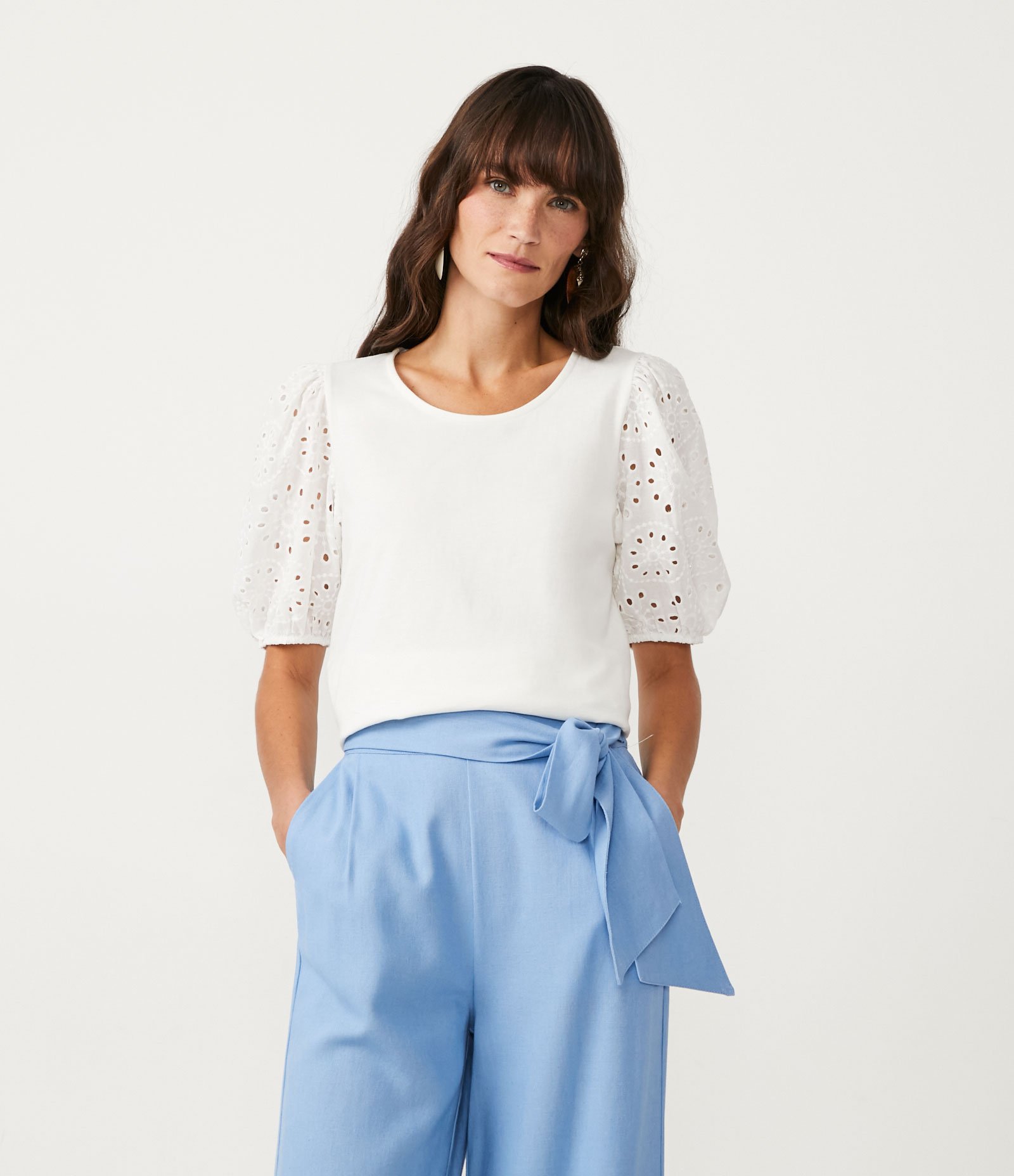 Blusa em Algodão com Manga Bufante em Laise Branco 1