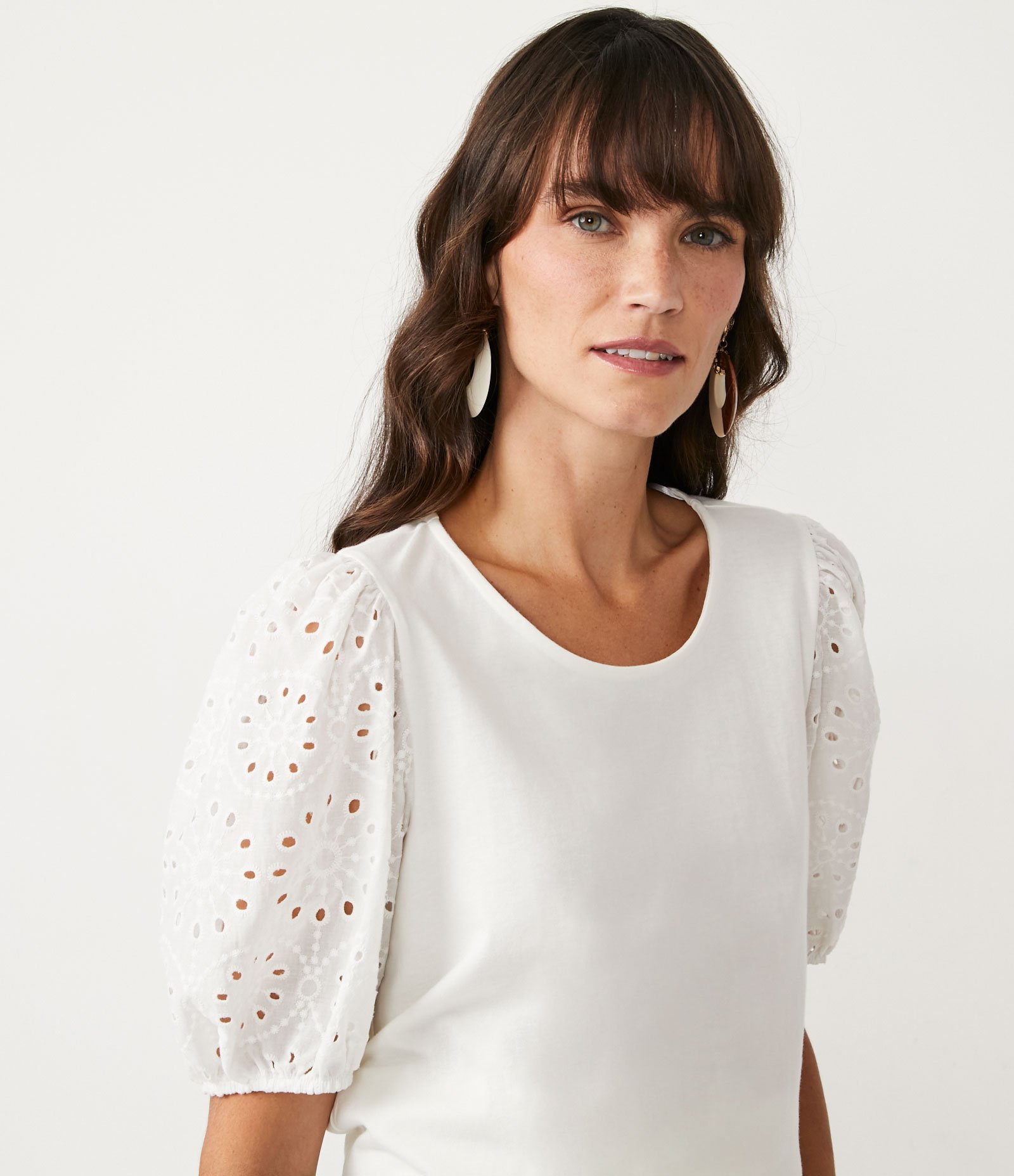Blusa em Algodão com Manga Bufante em Laise Branco 4