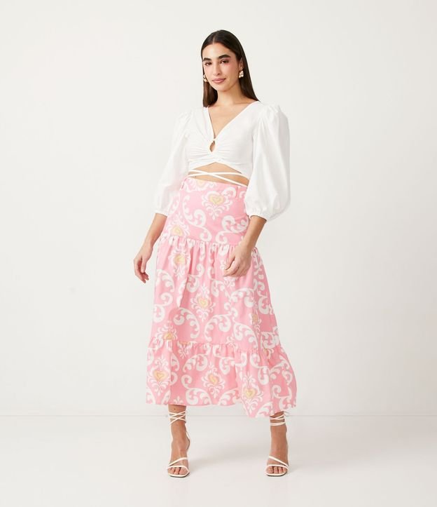 Blusa Cropped en Tricolina con Manga Abullonada y Lazo Blanco 2