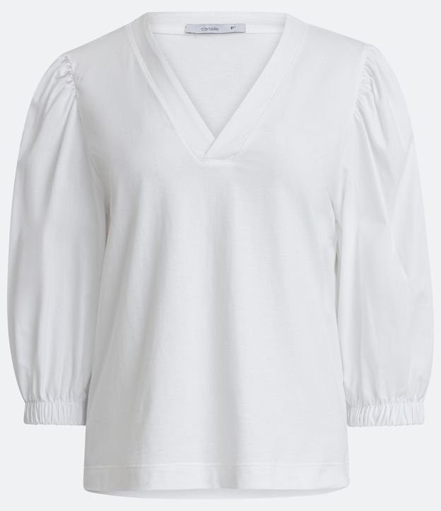 Blusa en Algodón con Escote V y Manga Abullonada Blanco 6