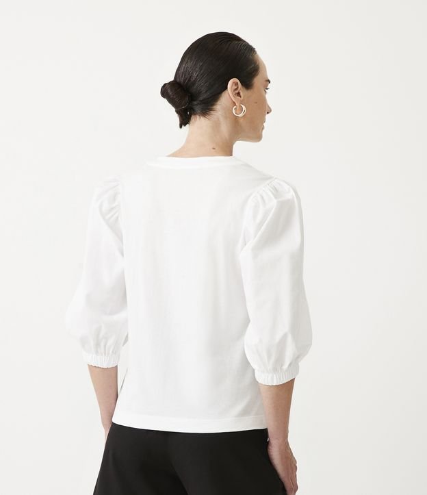 Blusa en Algodón con Escote V y Manga Abullonada Blanco 4