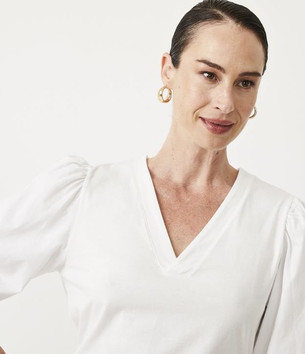 Blusa en Algodón con Escote V y Manga Abullonada Blanco 5