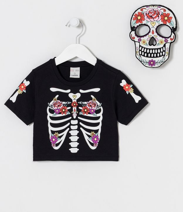 Blusa Cropped Infantil Brilla en la Oscuridad con Mascarilla y Estampado Esqueleto Floral - Talle 5 a 14 años Negro 1