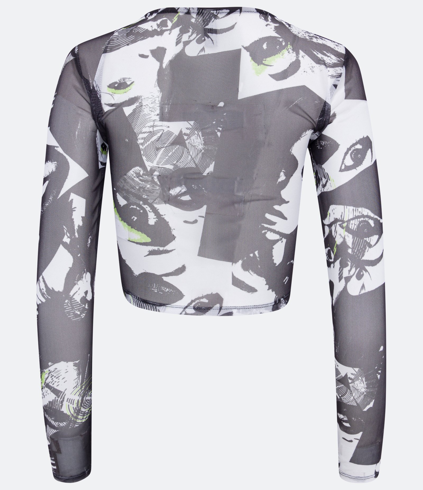 Blusa Cropped em Tule com Manga Longa e Estampa de Rostos Preto 2