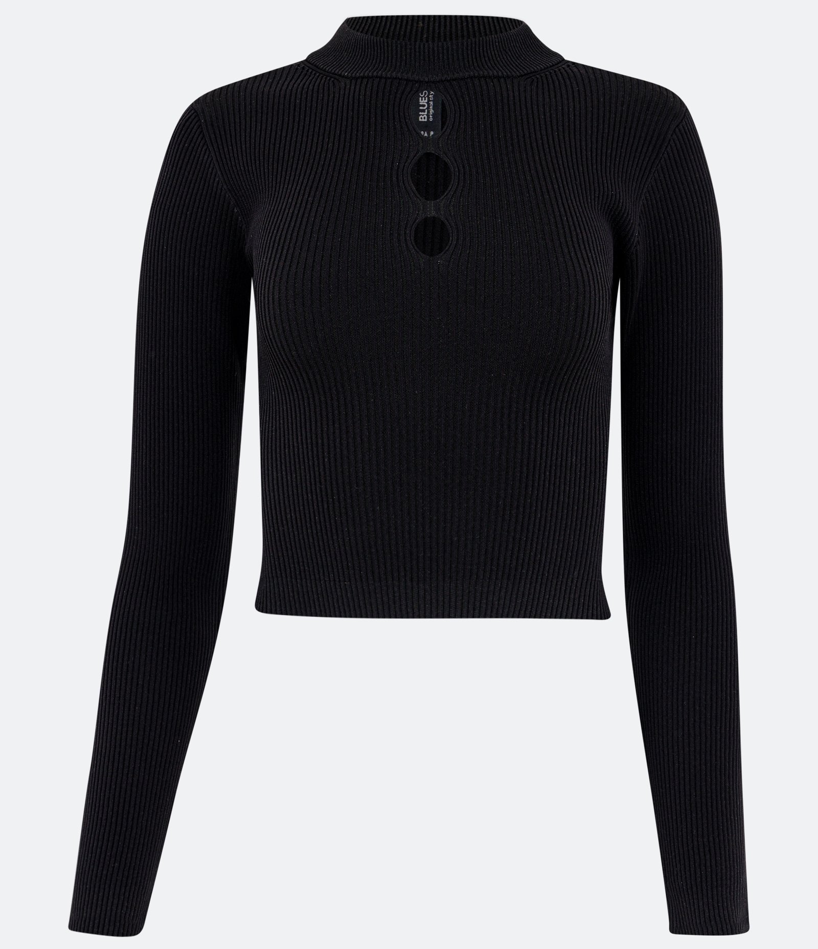 Blusa Cropped em Tricô com Abertura no Busto Preto 1