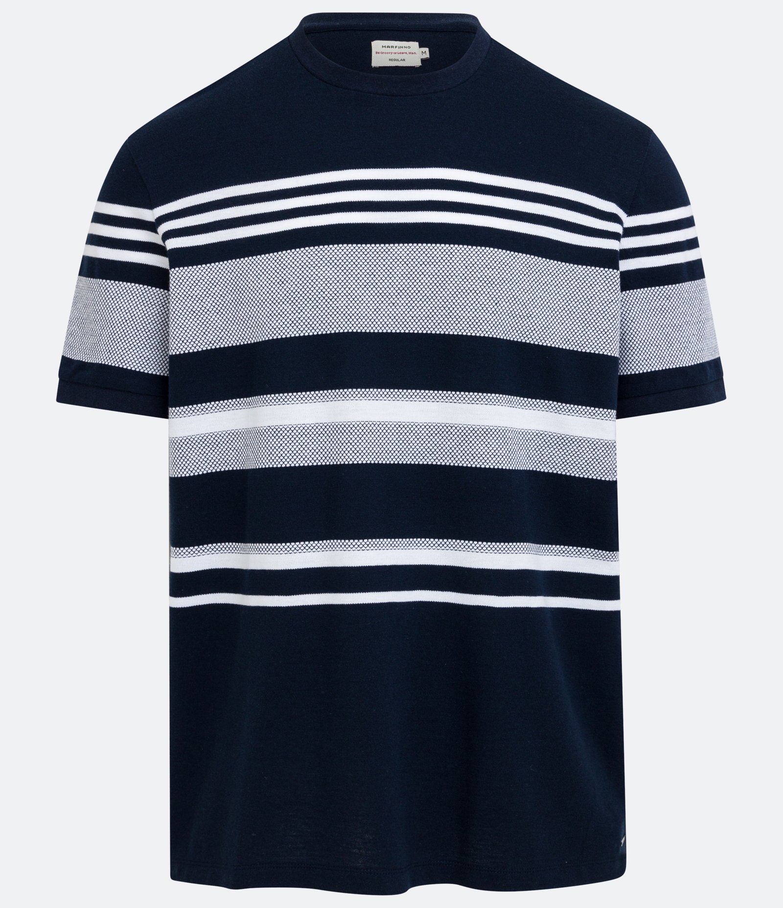 Camiseta Regular em Algodão com Textura Listras e Blocos Contrastantes Azul Escuro 5