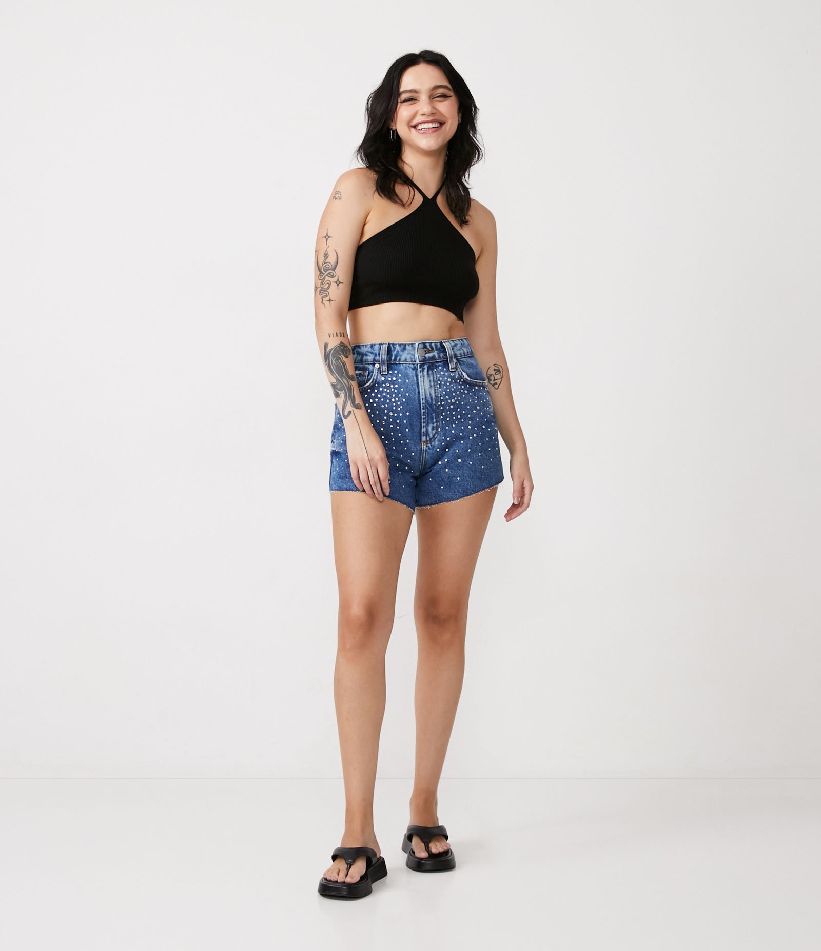 Short Cintura Alta em Jeans com Brilho Aplicado Azul 1