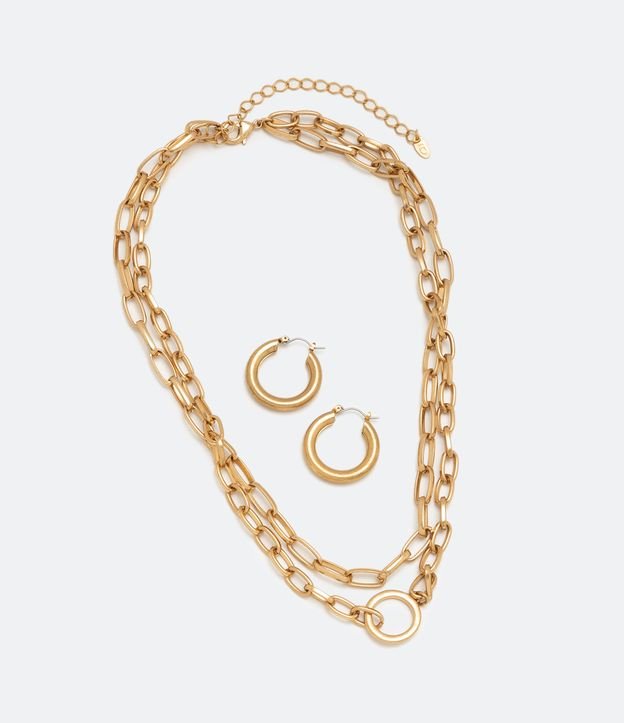 Conjunto Brinco Argola E Colar Camadas Em Metal Elos Grandes Dourado