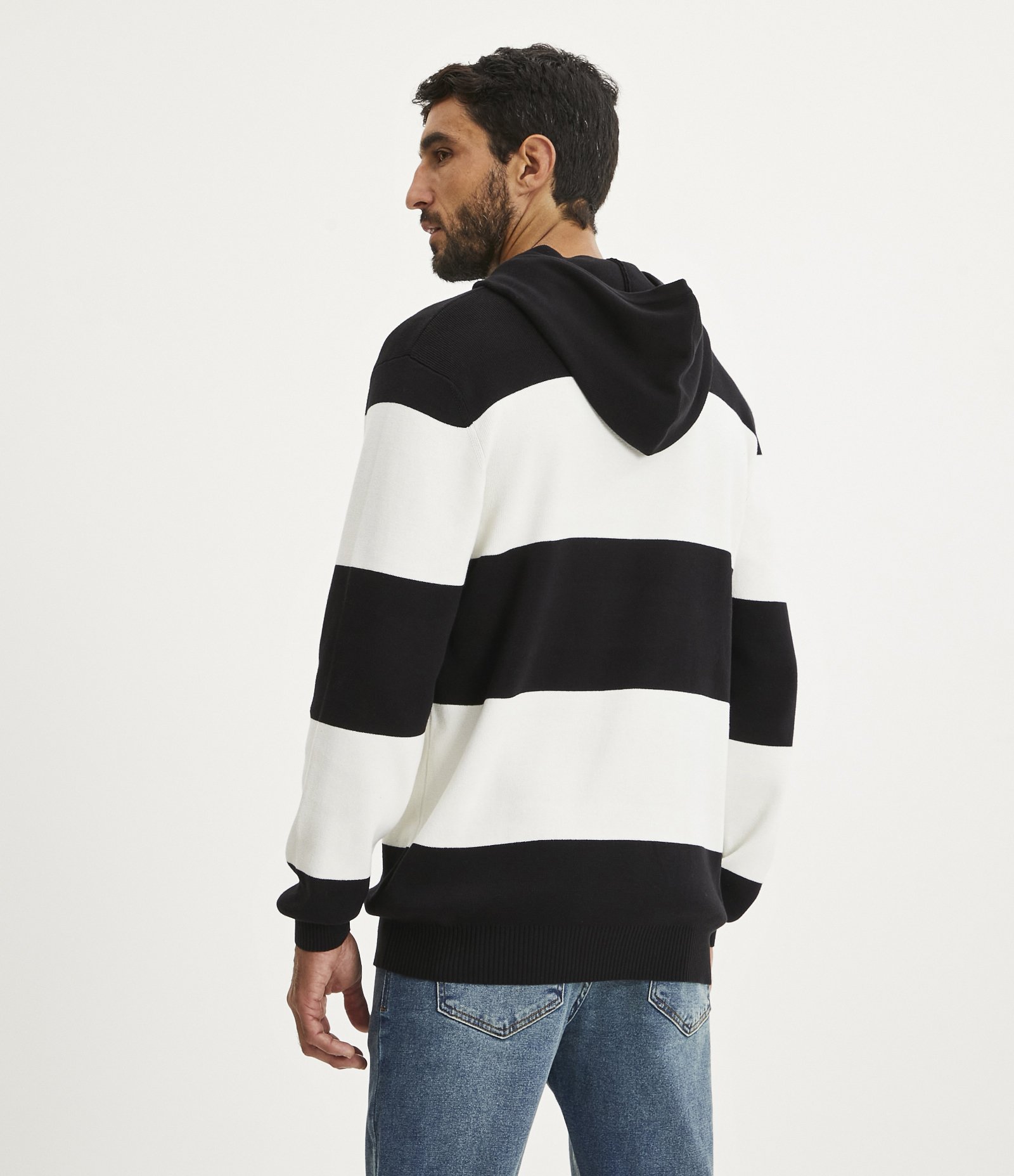 Blusão Comfort Fechado em Algodão Listrado com Capuz Preto/ Branco 3