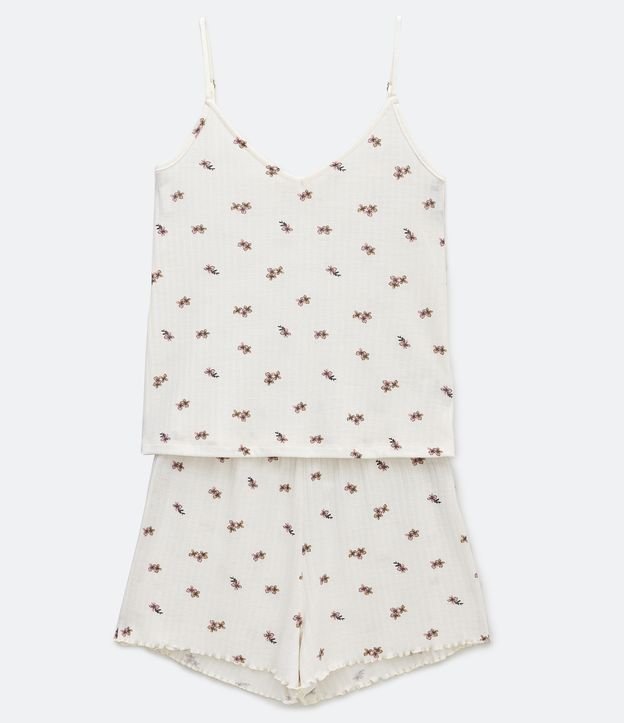 Pijama Short Doll Tirante Fino en Ribana con Estampado Flores Blanco 5