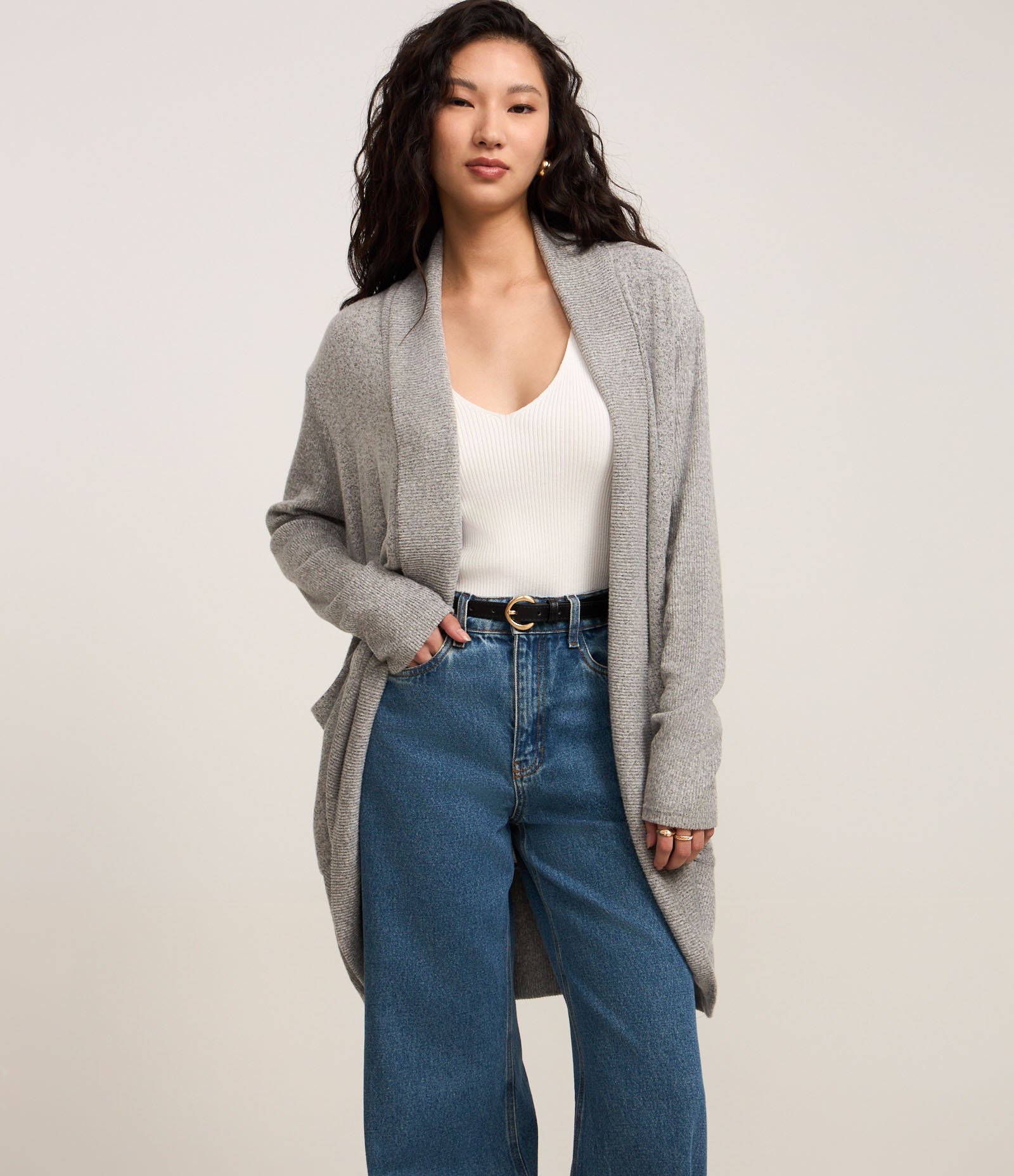 Cardigan Alongado Manga Longa em Tricô Cinza Mescla 1