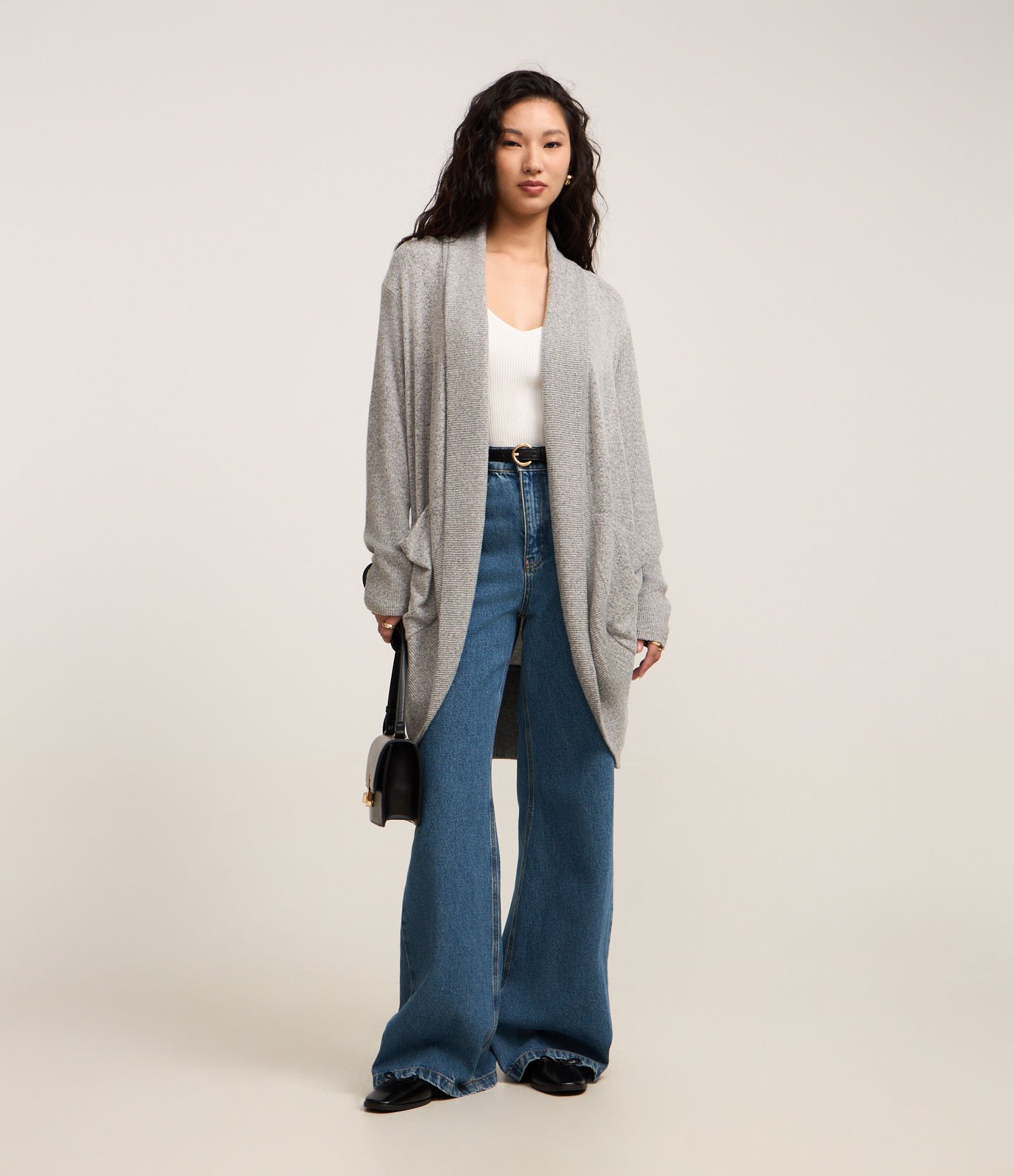 Cardigan Alongado Manga Longa em Tricô Cinza Mescla 2