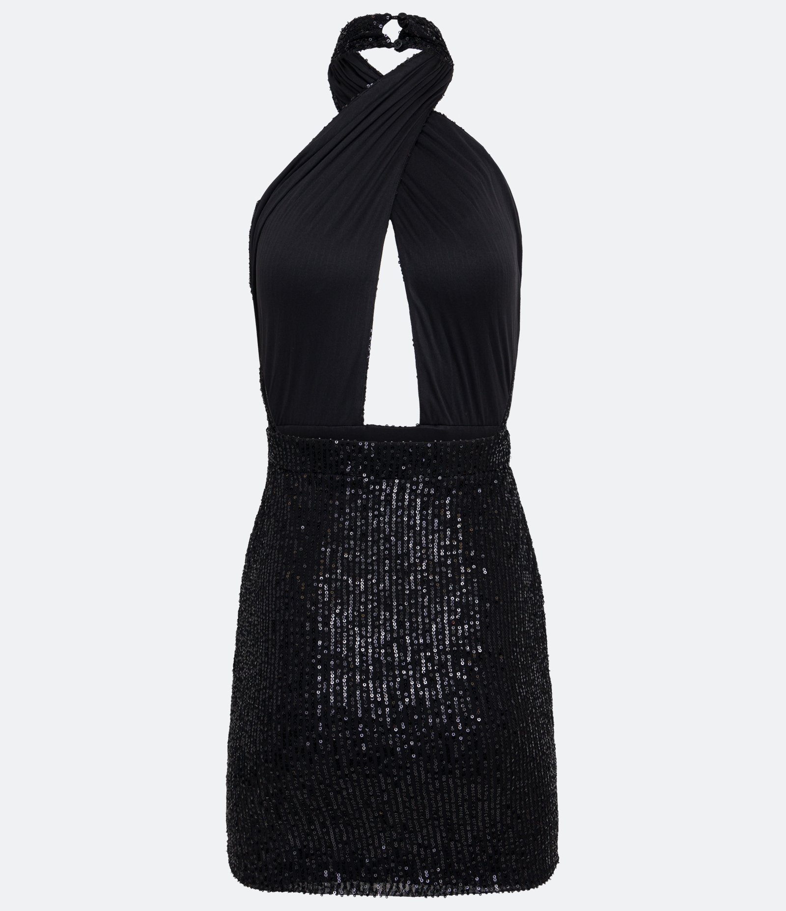 Vestido Curto Frente Única em Paetê com Faixa com Nó Preto 6