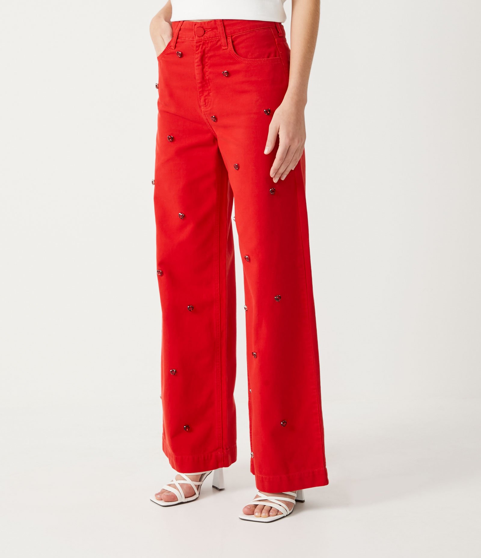 Calça Wide Leg em Sarja com Pedraria Vermelho 2
