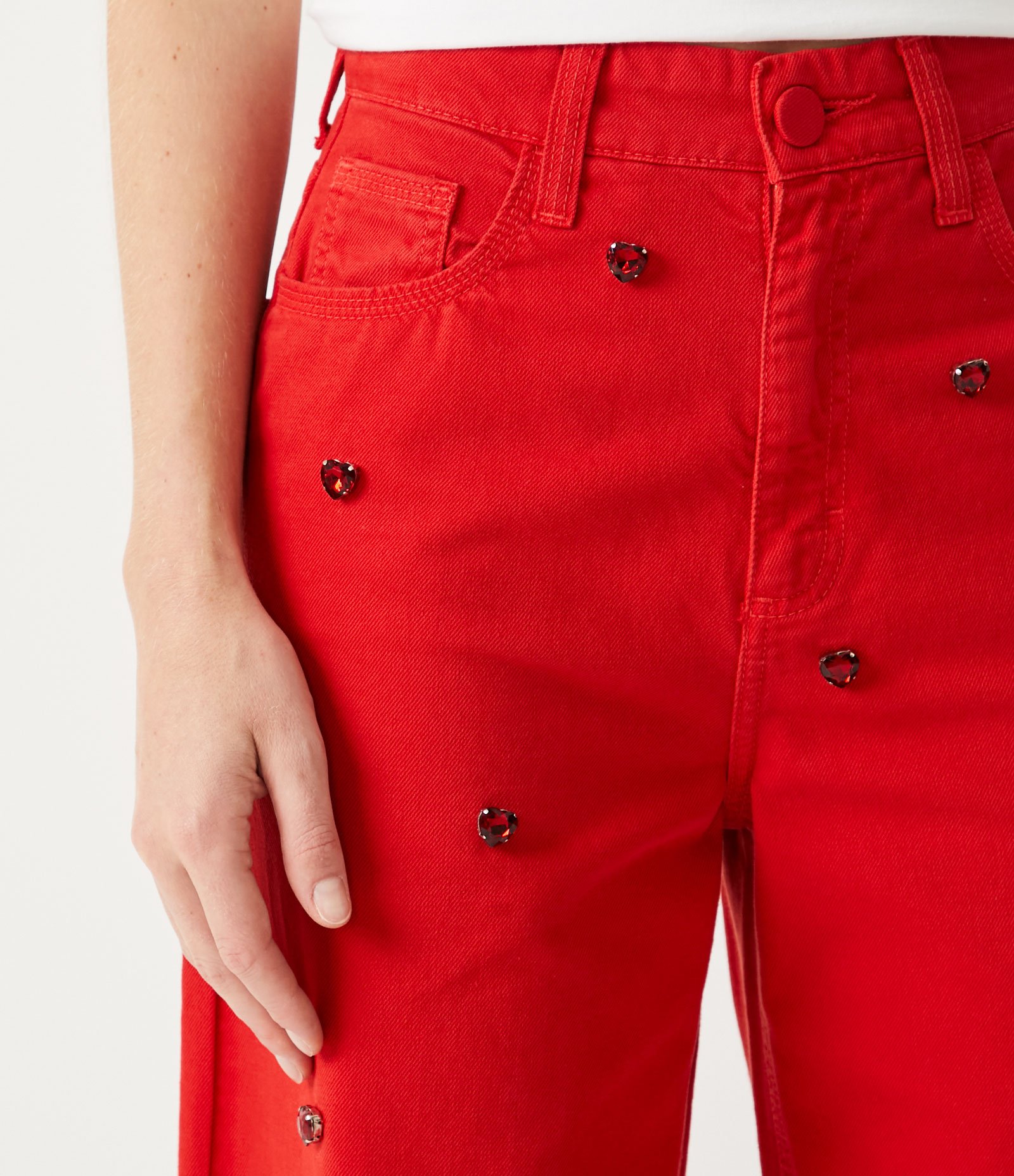 Calça Wide Leg em Sarja com Pedraria Vermelho 4