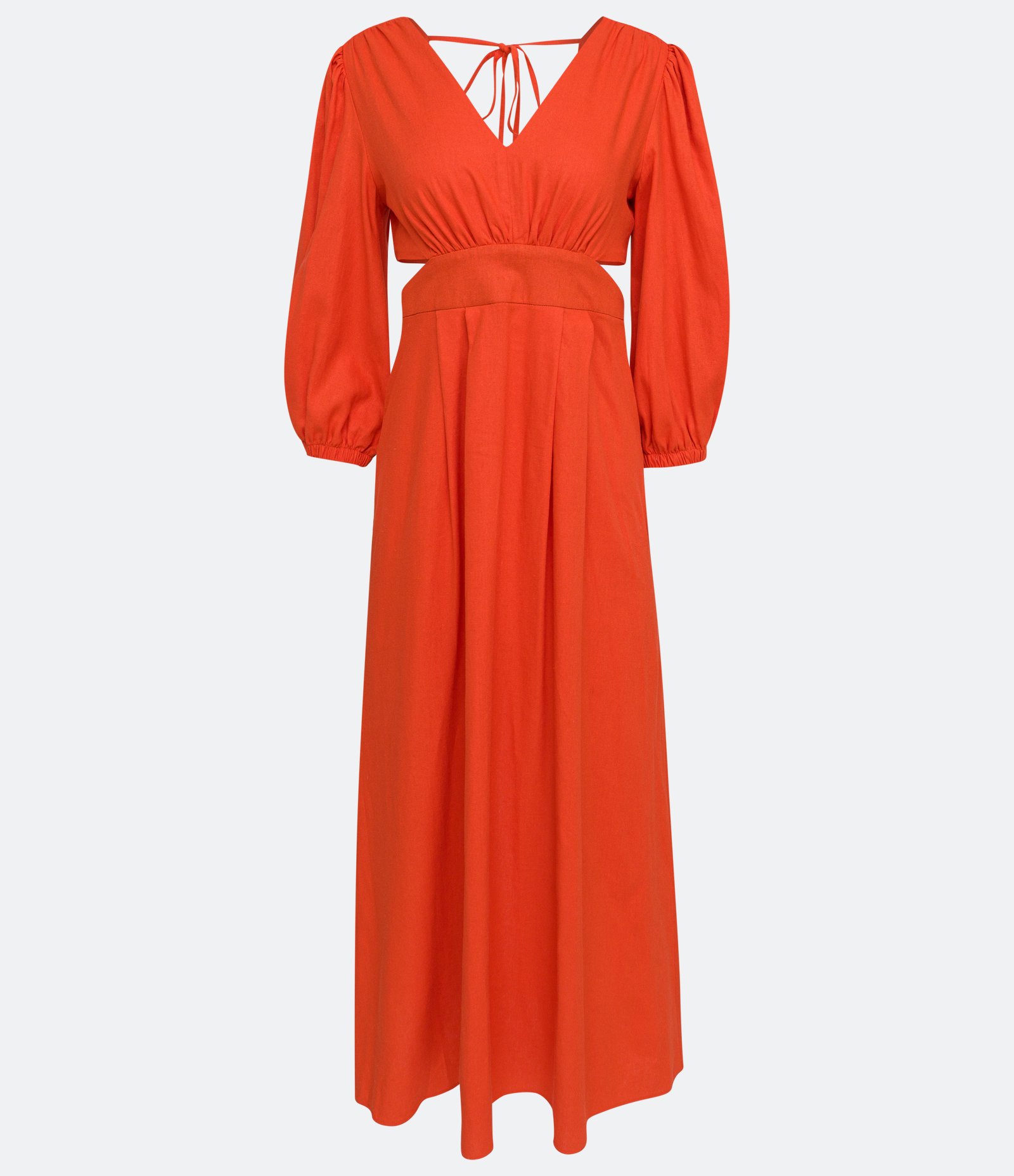 Vestido em Linho com Manga Bufante e Recortes Vazados na Cintura Vermelho 8