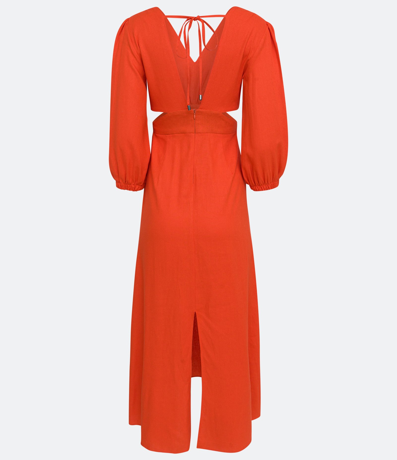 Vestido em Linho com Manga Bufante e Recortes Vazados na Cintura Vermelho 9