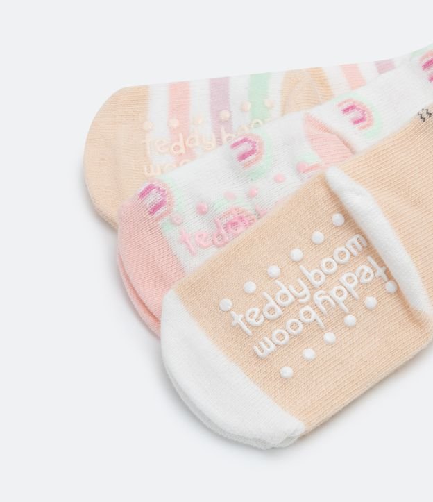 Kit 03 Pares de Medias Infantiles Estampados Rayas Arcoiris y Gatito - Talle 0 a 18 meses Blanco 3