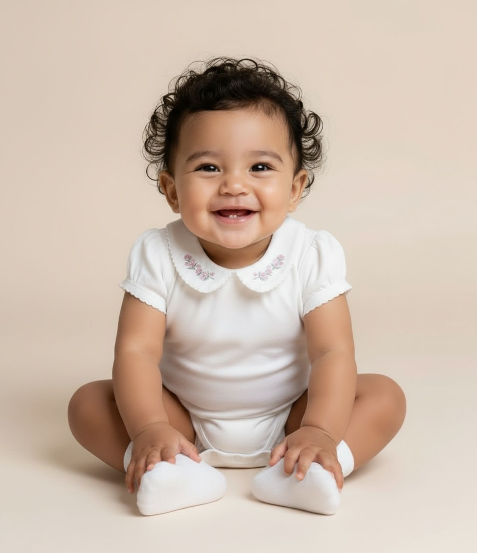 Body Infantil em Suedine com Gola Boneca e Bordado de Flores - Tam RN a 18 Meses Branco 1