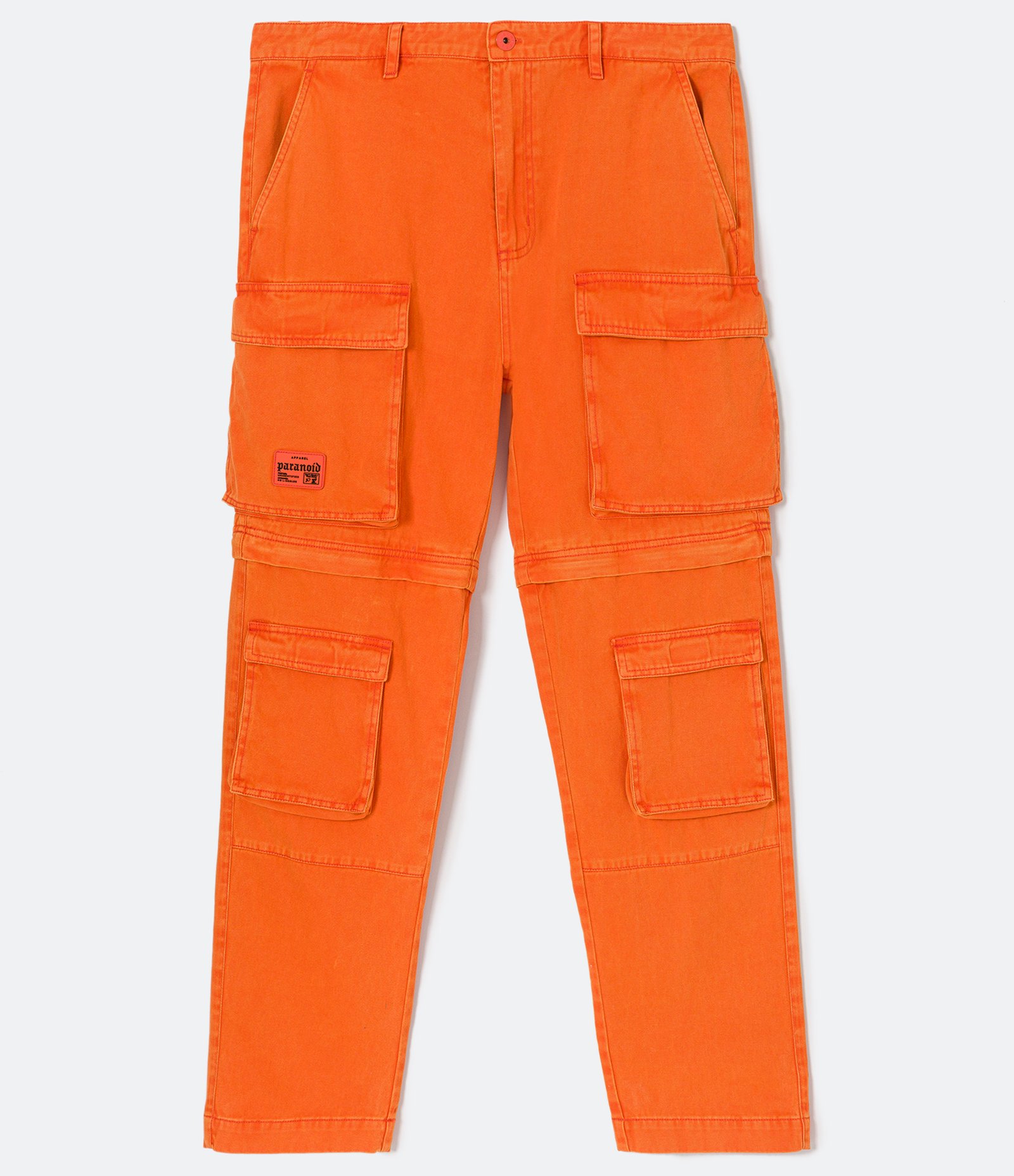 Calça Reta Loose Vira Bermuda em Sarja com Bolsos Cargo Laranja 1