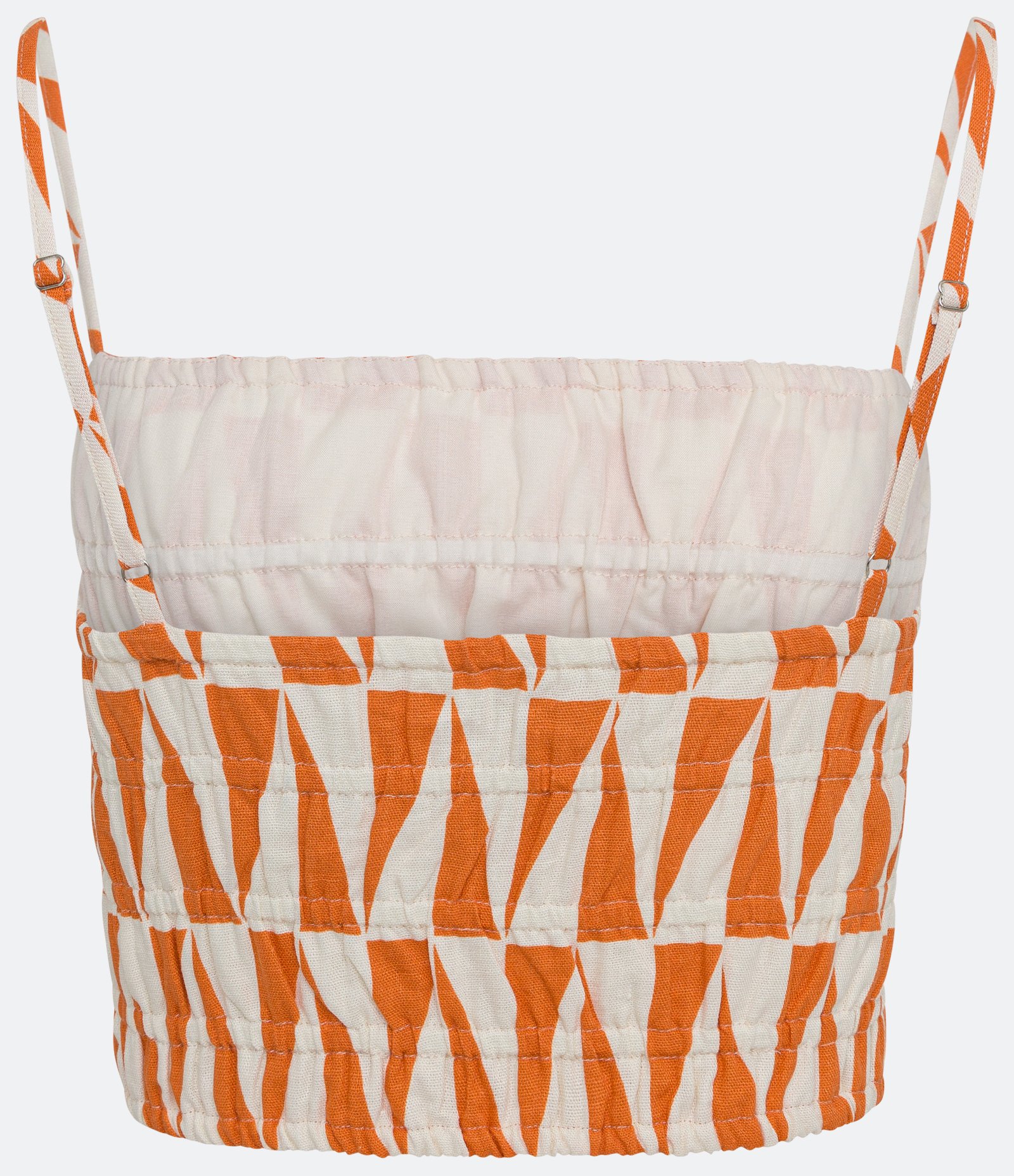 Blusa Cropped de Alça em Linho com Elásticos e Estampa Geométrica Laranja 2