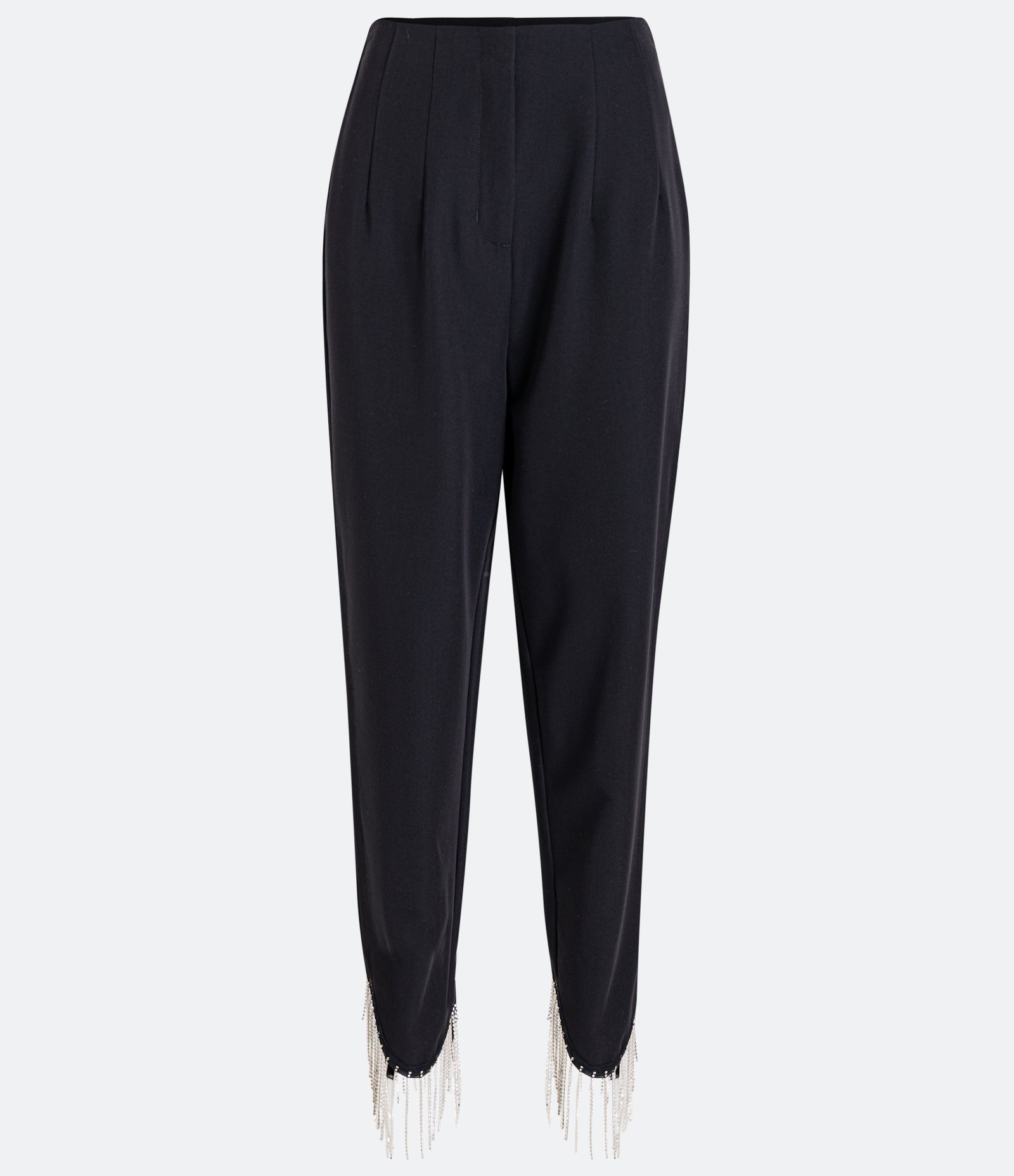 Calça Cenoura Alfaiataria em Crepe com Franjas de Strass Preto 5