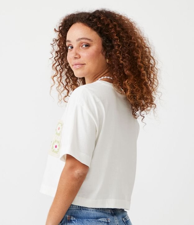 Blusa en Algodón Manga Corta con Patch Floral en el Bolsillo Off White 3