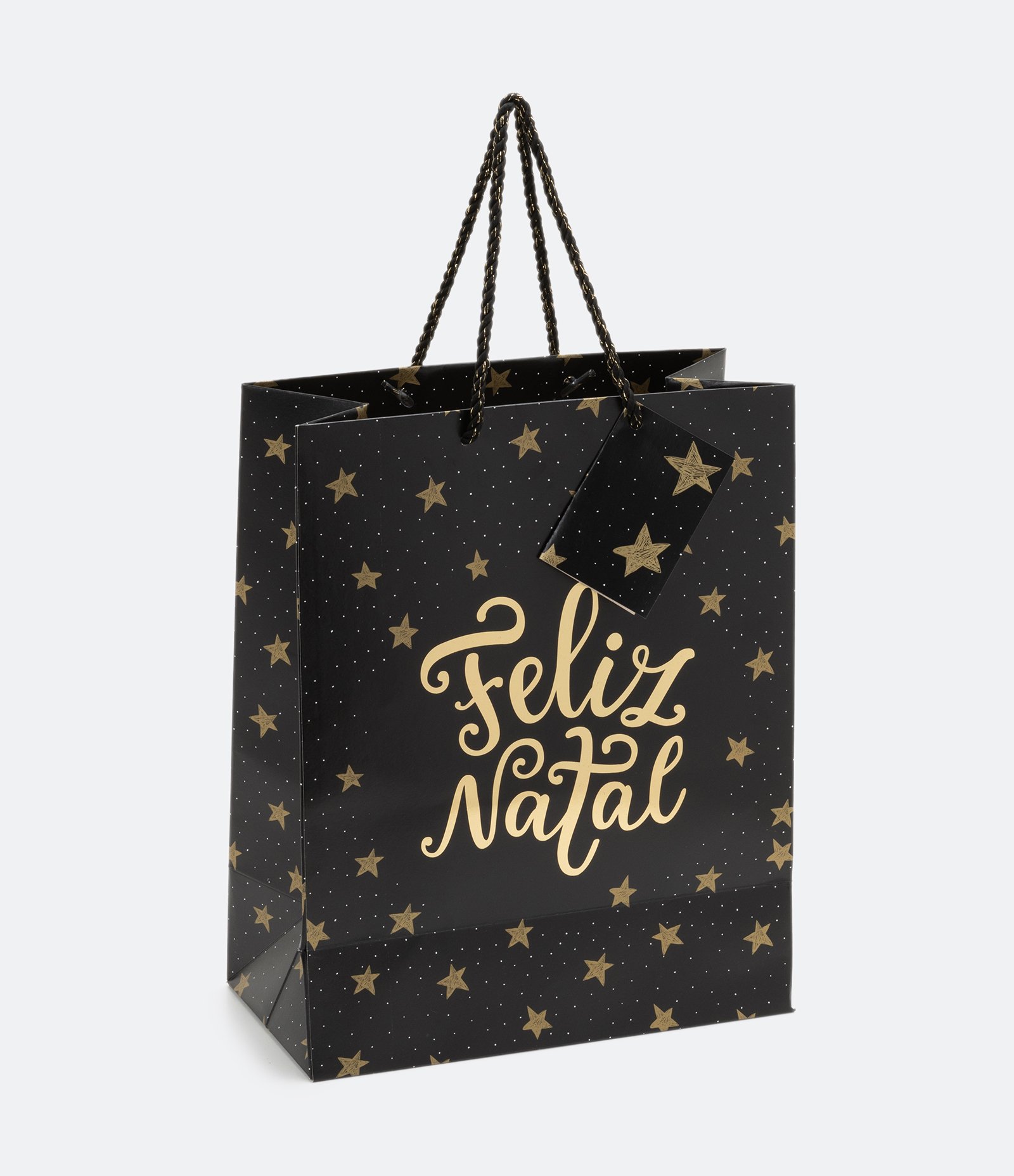 Embalagem de Presente Média com Escrito Feliz Natal e Estrelas com Cartão Preto 1