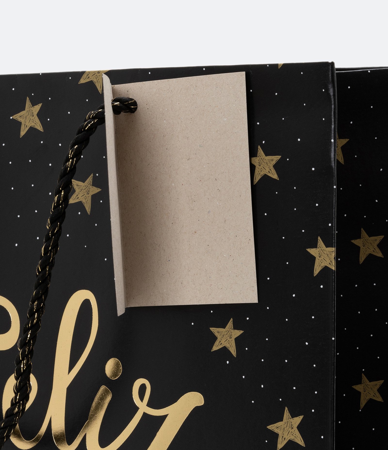 Embalagem de Presente Média com Escrito Feliz Natal e Estrelas com Cartão Preto 3