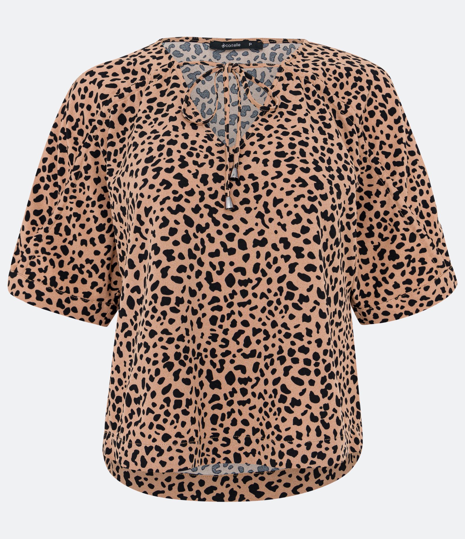 Blusa em Crepe com Decote V com Amarração e Estampa Animal Print Bege 1