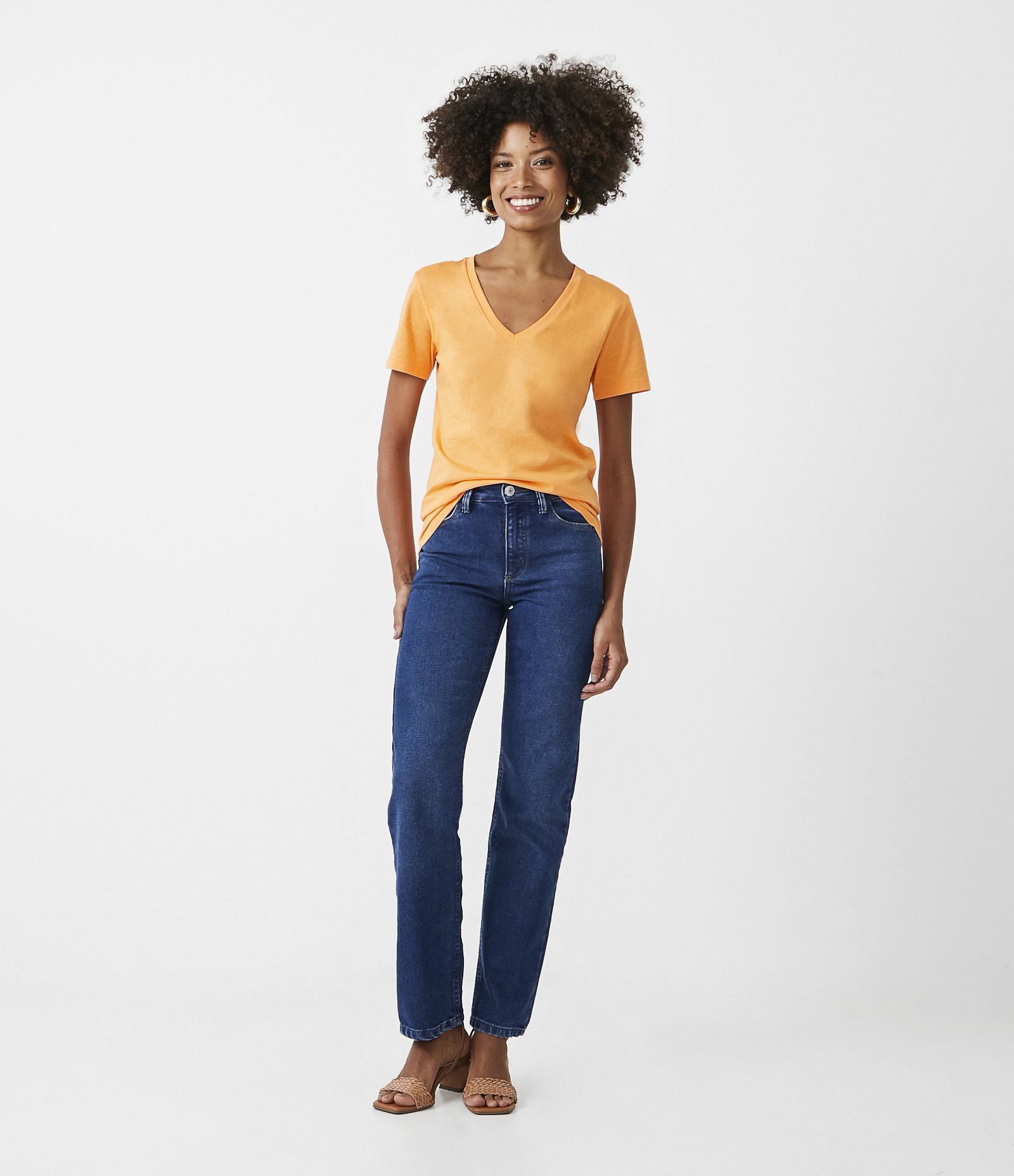 Blusa Básica em Algodão Peruano com Decote V Laranja Claro 2