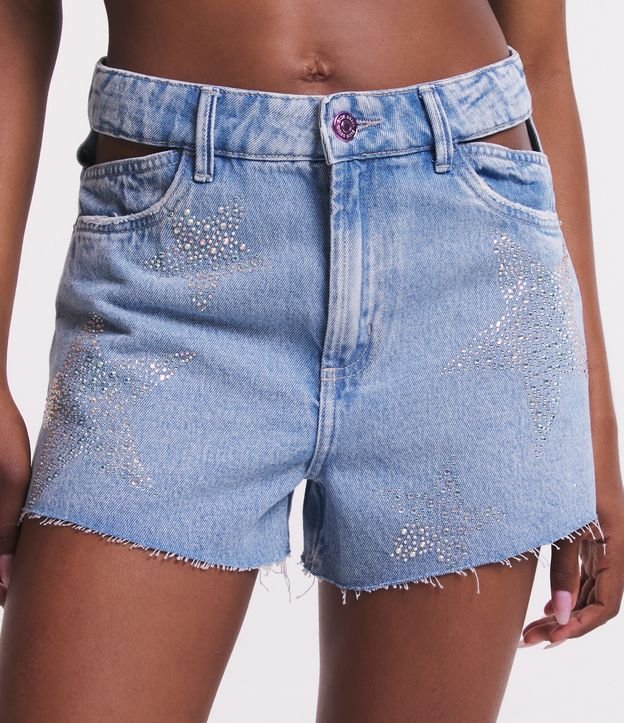 Short Cintura Alta Em Jeans Bolsos E Estrelas Brilhantes Azul